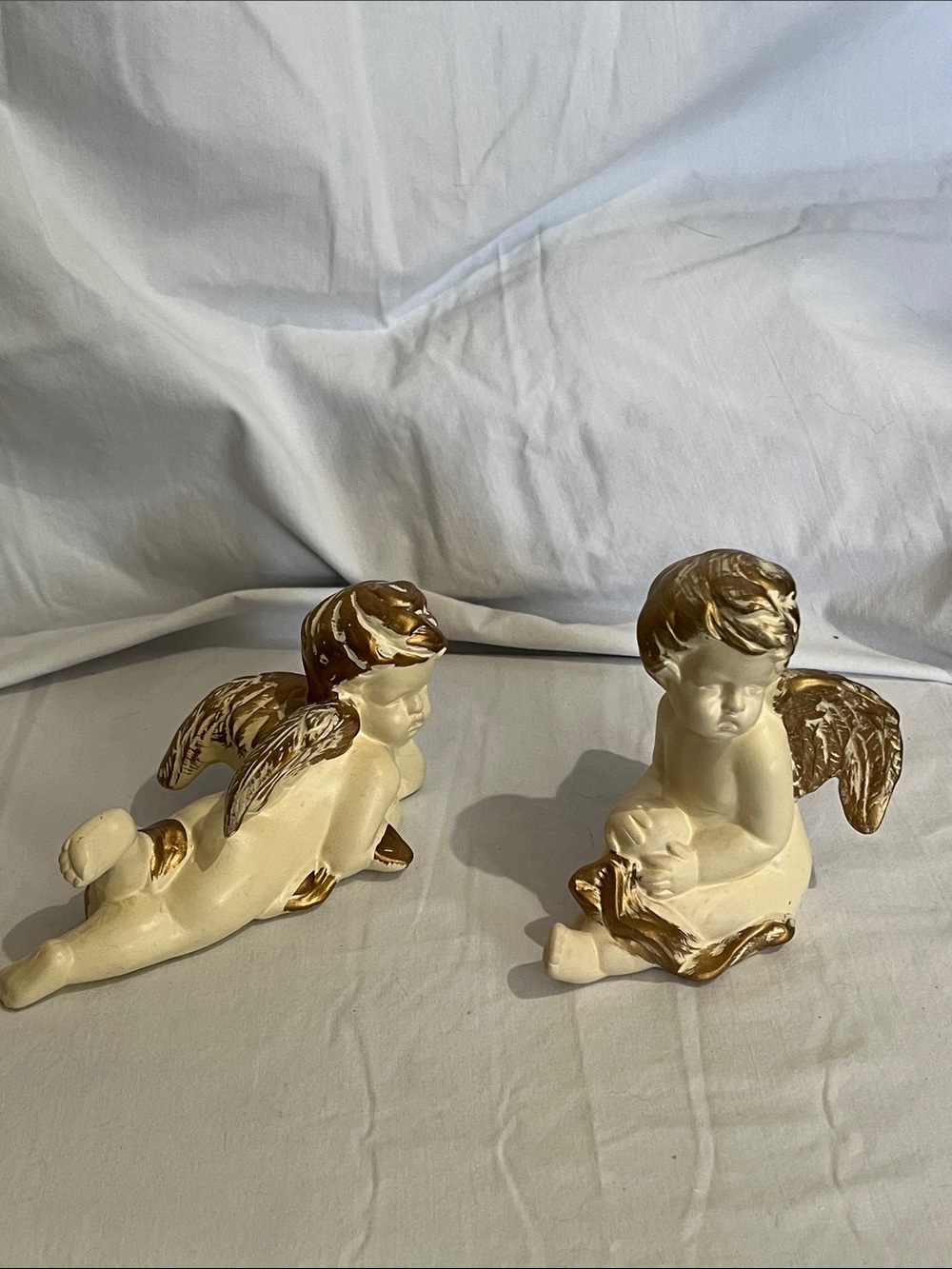 Gold Accent Ivory Cherub Figurines - Decorative Holiday Angels-Vintage